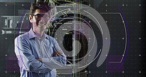 Image of data processing over asian male it engineer and computer servers