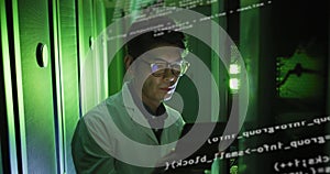 Image of data processing over asian man checking servers