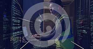 Image of data processing over asian man working in server room