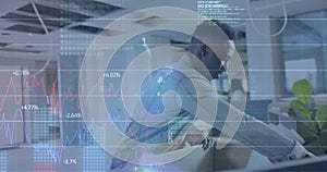 Image of data processing over biracial businessman in office