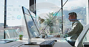 Image of data processing over biracial businessman using computer in office