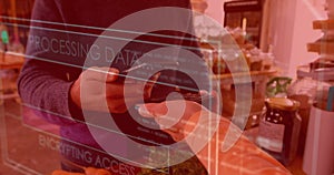 Image of data processing over biracial man paying with smartphone