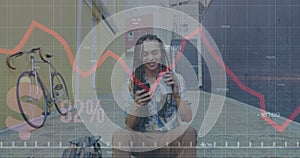 Image of data processing over biracial man using smartphone