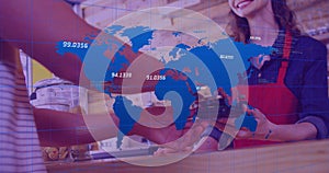 Image of data processing over biracial woman paying with smartphone