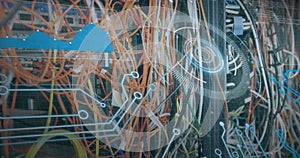 Image of data processing over cables of computer server
