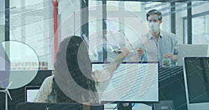 Image of data processing over caucasian businessman in face mask in office