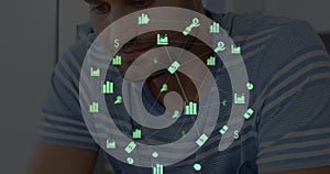 Image of data processing over caucasian businessman using smartphone