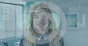 Image of data processing over caucasian businesswoman in office