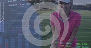 Image of data processing over caucasian female golf player