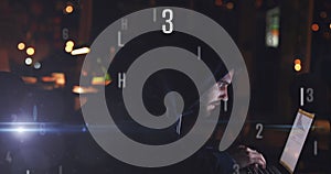 Image of data processing over caucasian hacker using computer