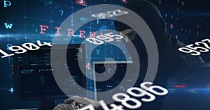 Image of data processing over caucasian hacker using computer