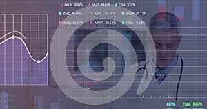 Image of data processing over caucasian male doctor with file