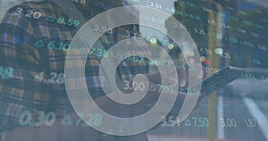 Image of data processing over caucasian man using smartphone