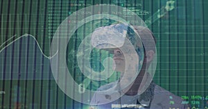 Image of data processing over caucasian man with vr headset