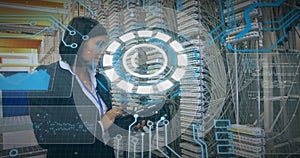 Image of data processing over caucasian woman checking computer wires