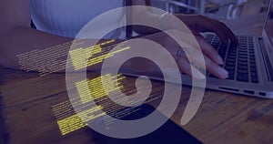 Image of data processing over caucasian woman using laptop