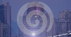 Image of data processing over cityscape on blue background