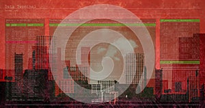 Image of data processing over cityscape on red background