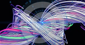 Image of data processing over colourful lines on black background