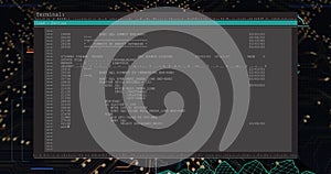 Image of data processing over computer circuit board on black background