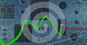 Image of data processing over computer circuit board on blue background
