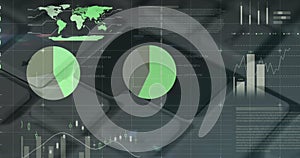 Image of data processing over computer keyboard on grey background