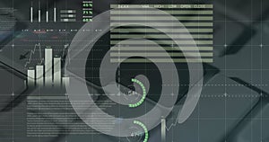 Image of data processing over computer keyboard on grey background