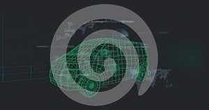 Image of data processing over 3d car model over grid on black background