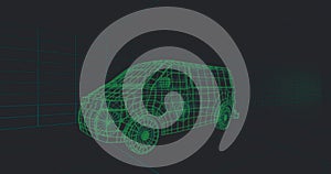Image of data processing over 3d car model over grid on black background
