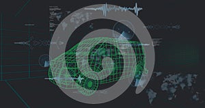Image of data processing over 3d car model over grid on black background