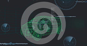 Image of data processing over 3d car model over grid on black background