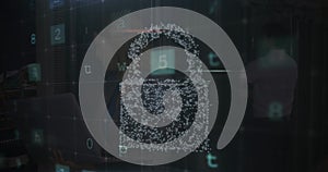 Image of data processing over digital online security padlock and dark background