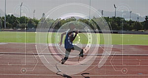 Image of data processing over disabled male athlete with running blades on racing track