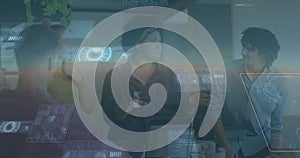 Image of data processing over diverse business people having meeting at office