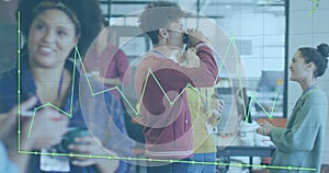 Image of data processing over diverse business people having meeting at office