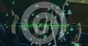 Image of data processing over diverse business people at meeting