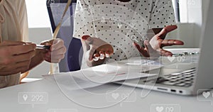 Image of data processing over diverse business people talking in office