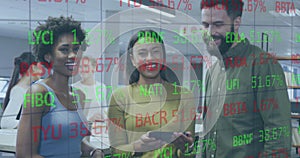 Image of data processing over diverse business people working in office