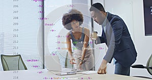 Image of data processing over diverse business people working at office