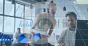 Image of data processing over diverse business people working at office