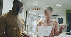 Image of data processing over diverse business people working at office