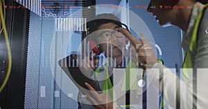 Image of data processing over diverse it engineers by computer servers