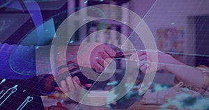 Image of data processing over diverse people paying with credit card