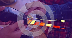 Image of data processing over diverse people paying with credit card