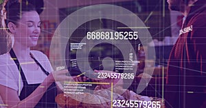 Image of data processing over diverse people paying with credit card