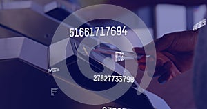 Image of data processing over diverse people paying with credit card