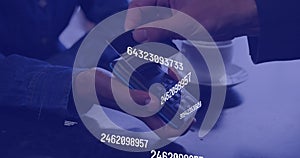 Image of data processing over diverse people paying with credit card