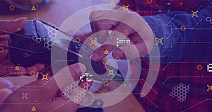 Image of data processing over diverse people paying with credit card