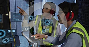 Image of data processing over diverse it technicians by computer servers