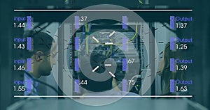 Image of data processing over diverse workers in server room